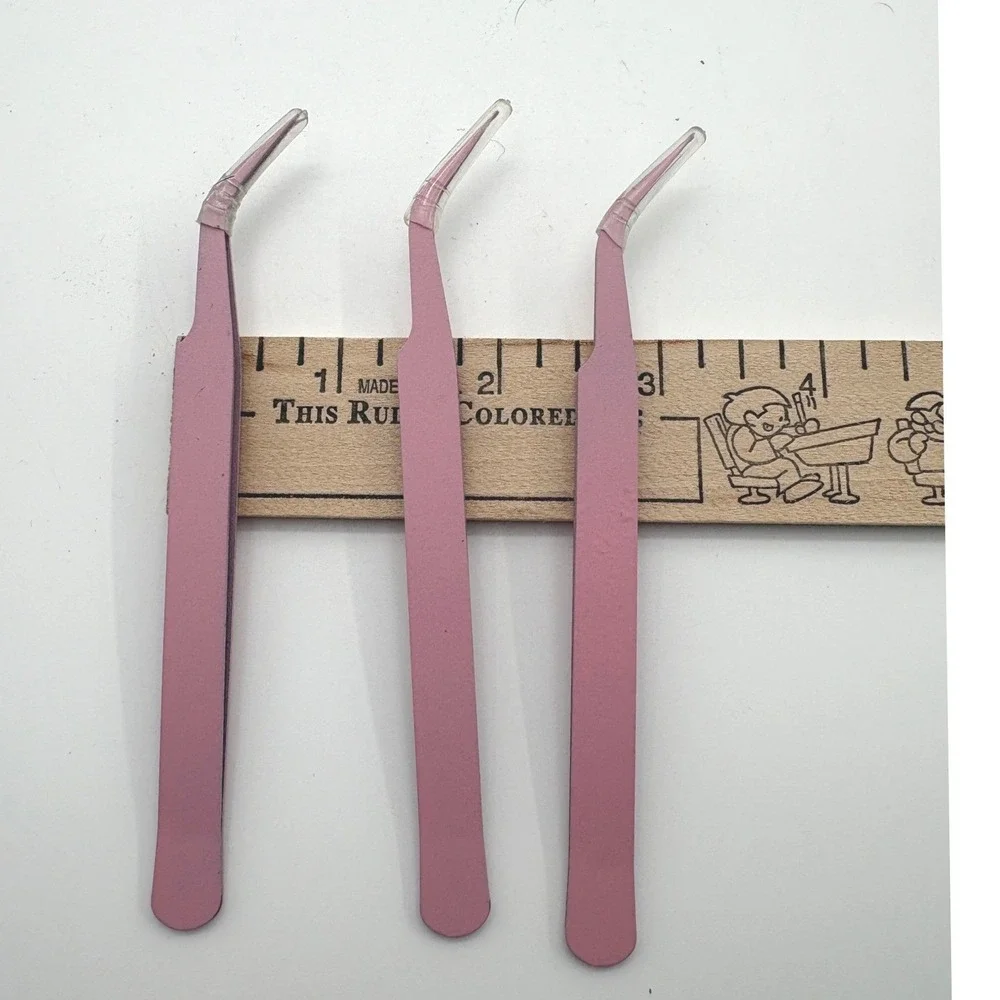 3pc Pink Precision Tweezers Set Fine Point Curved Angular Crafting Jewelry Model